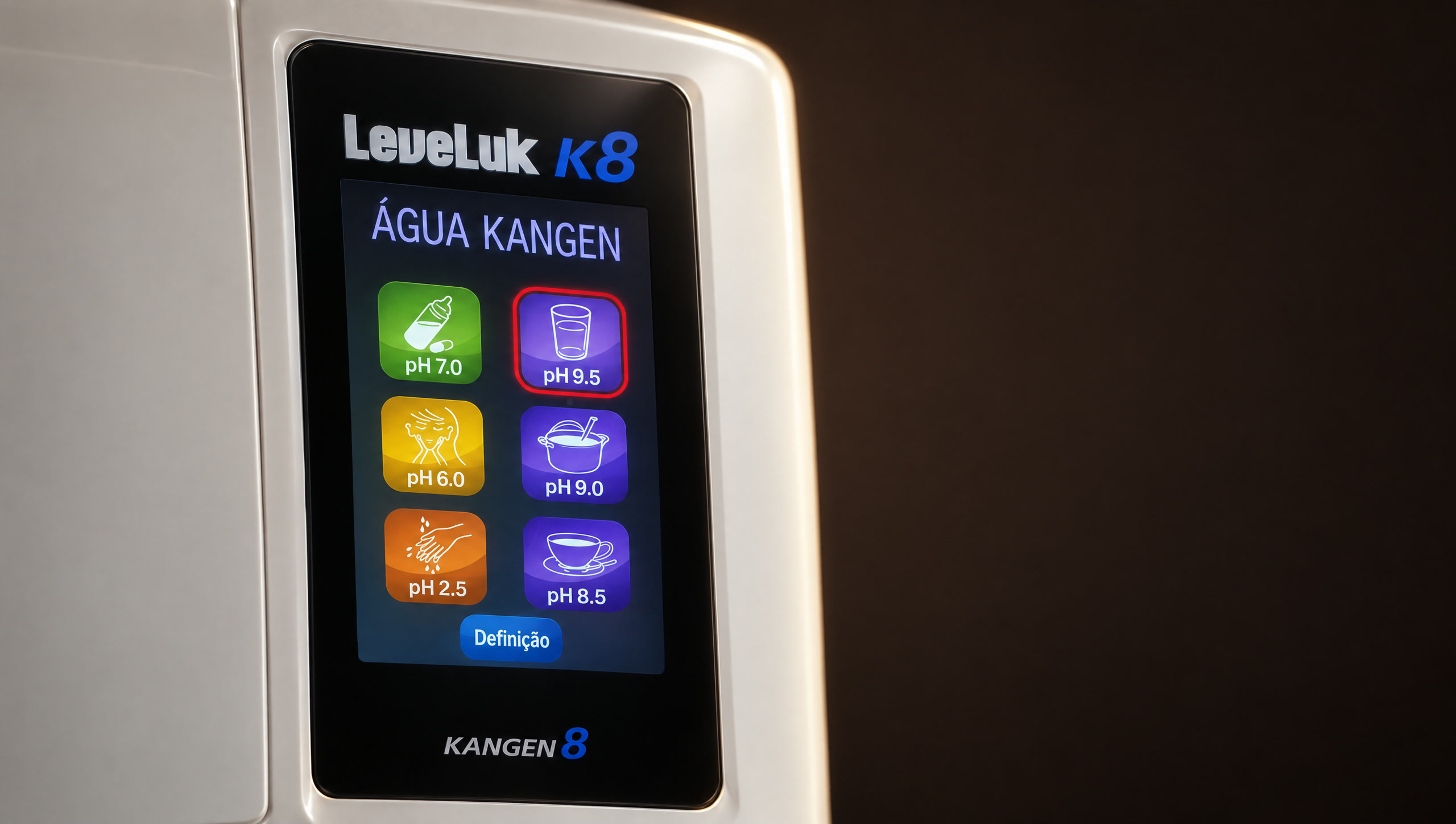 Tela da LeveLuk K8 com os tipos de água