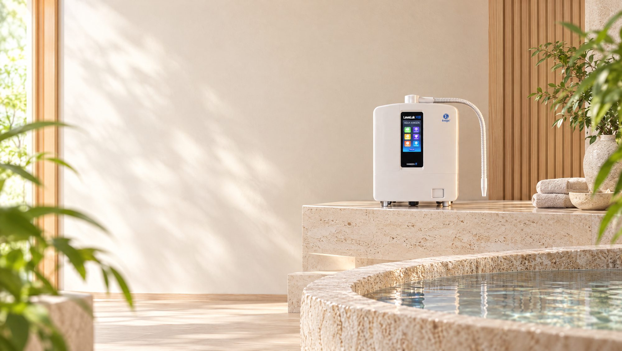 LeveLuk K8 sobre uma bancada de pedra clara, num spa iluminado pela luz do dia, ao lado de uma piscina
