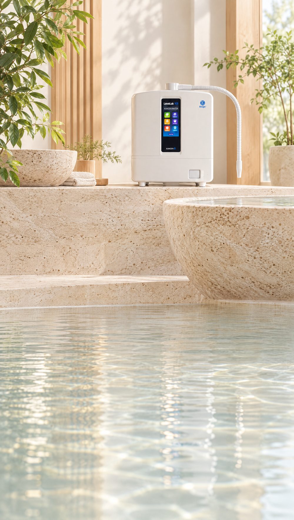 LeveLuk K8 sobre uma bancada de pedra clara, num spa iluminado pela luz do dia, ao lado de uma piscina